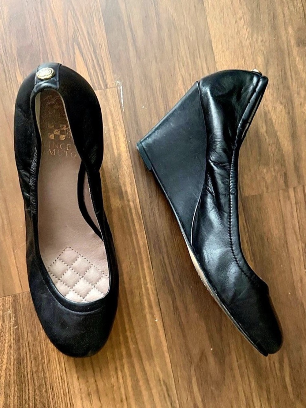 Black leather ballet wedges